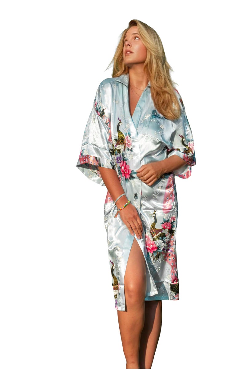 CCcollections Kimono robe long 16 colors PREMIUM Peacock bridesmaid bridal shower womens gift (Blue Baby) - Image 2